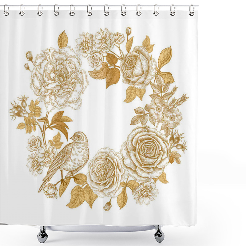 Personality  Vintage Frame With Flowers And A Bird. Print Golden Foil On A White Background. Roses And Peonies In Oriental Style. Card For Wedding And Festive Greetings And Invitations. Vector Illustration Art. Shower Curtains