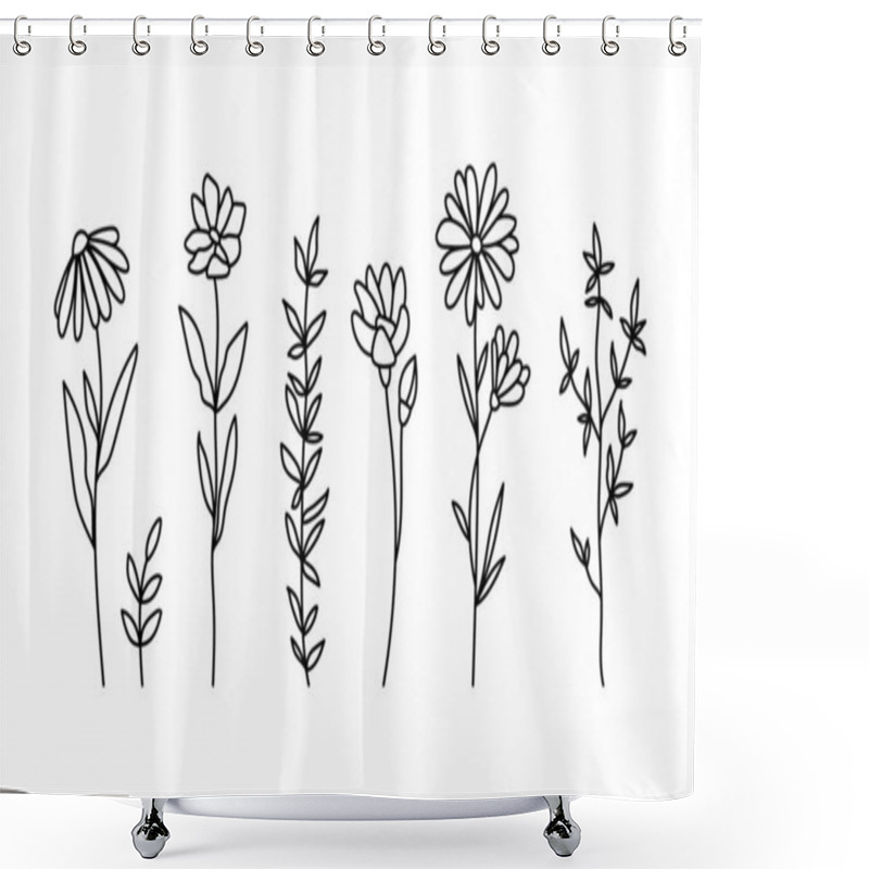 Personality  Wildflowers Black And White Clipart Bundle, Daisy And Chamomile Flower, Botanical Floral Isolated Elements, Meadow Flowers Vector Shower Curtains