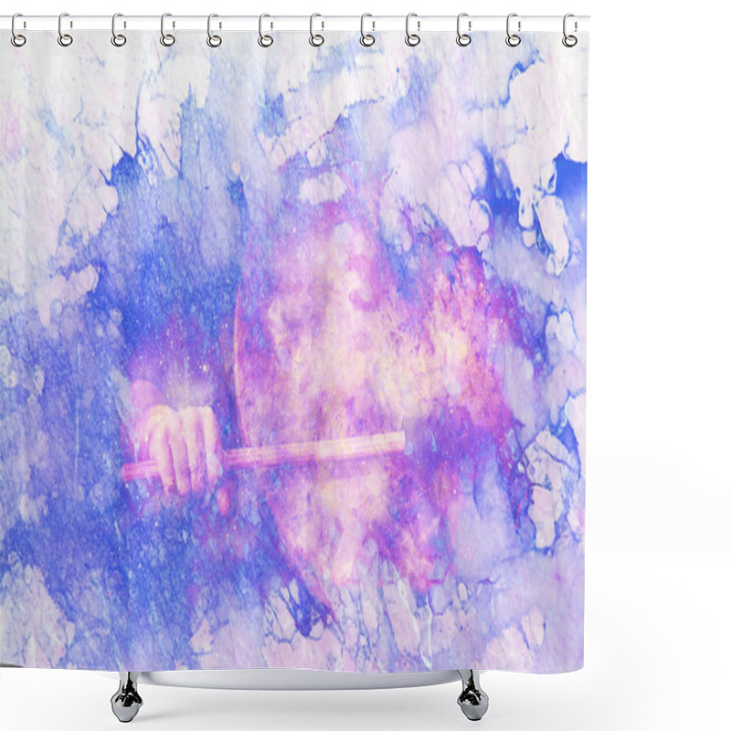 Personality  Shamanic Girl With Frame Drum On Abstract Structured Space Background. Shower Curtains