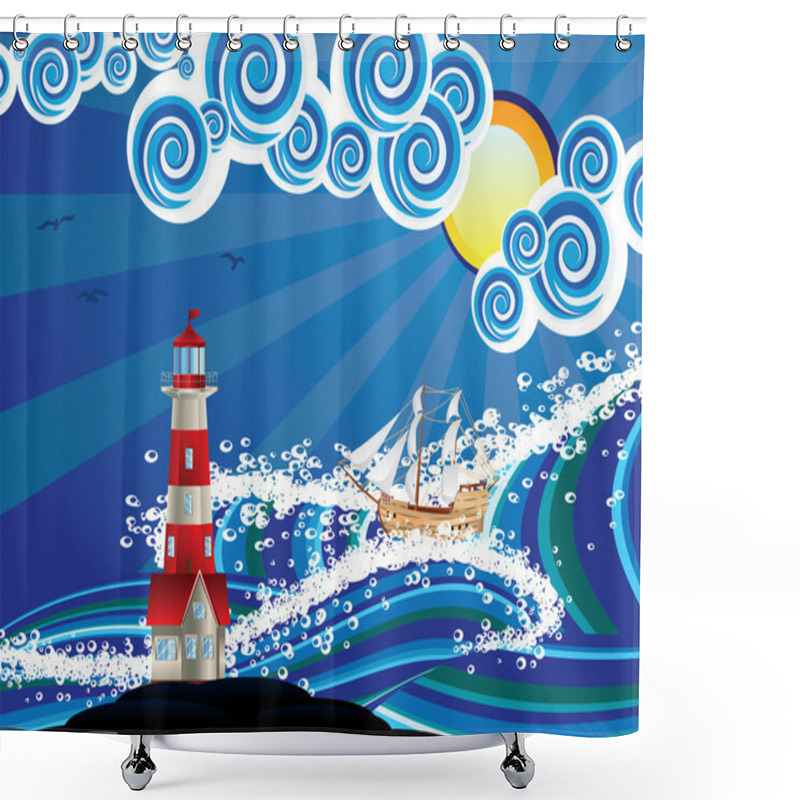 Personality  Lighthouse And Boat In The Sea Shower Curtains