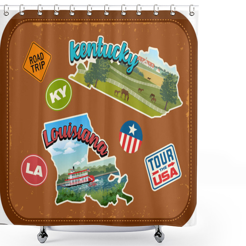 Personality  Kentucky, Louisiana Travel Stickers With Scenic Attractions And Retro Text On Vintage Suitcase Background Shower Curtains