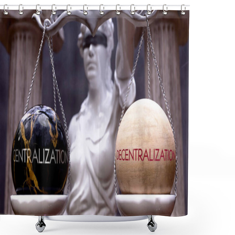 Personality  Centralization Or Decentralization As A Choice, Two Options To Choose From. Greek Statue Presenting Two Alternatives: Centralization Or Decentralization, Weighing Their Values. Shower Curtains