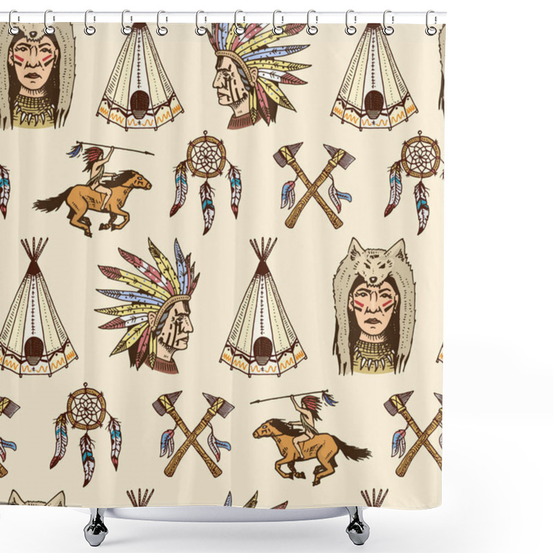 Personality  Indian Or Native American. Seamless Pattern. Axes And Tent, Dreamcatcher And Cherokee, Tomahawk. Set Of Engraved Vintage, Hand Drawn, Old, Labels Or Badges. Shower Curtains