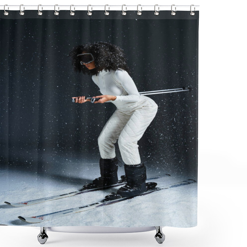 Personality  A Stylish Brunette African American Woman Models A Chic Ski Suit In A Dynamic Studio Setting. Shower Curtains