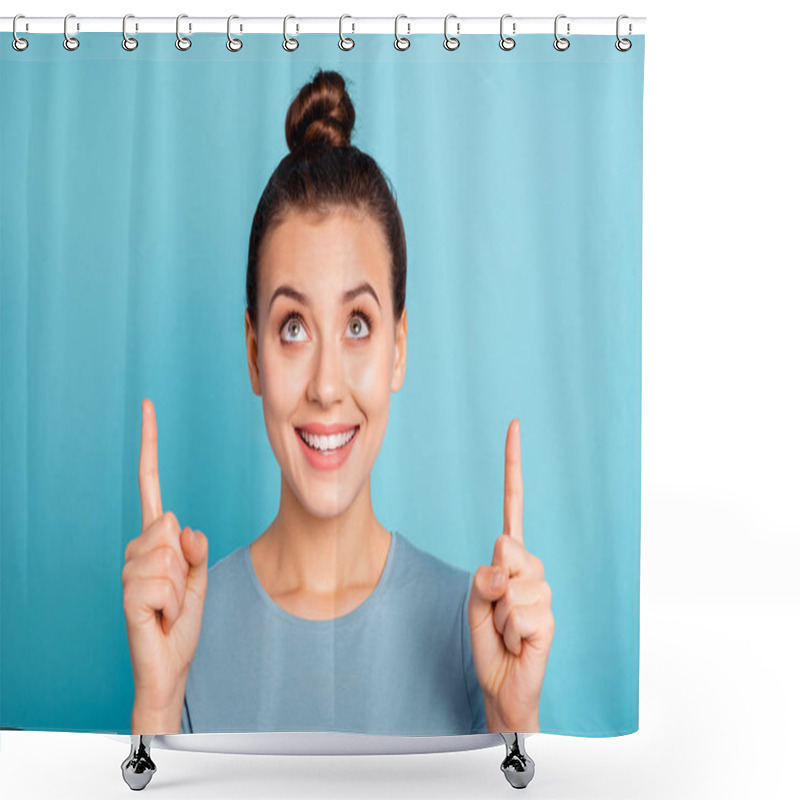 Personality  Close Up Photo Beautiful She Her Lady Hold Arms Hands Fingers Indicate Look Up Empty Space Proposition Advising Buy Buyer Low Prices Wear Casual Sweater Pullover Isolated Blue Bright Background Shower Curtains