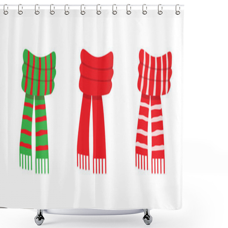 Personality  Vector Winter Collection Of Red Scarf, Isolated On White Background. Illustration Of Red, Green White Striped Scarves. Christmas Or Holiday Set Of Icons Shower Curtains