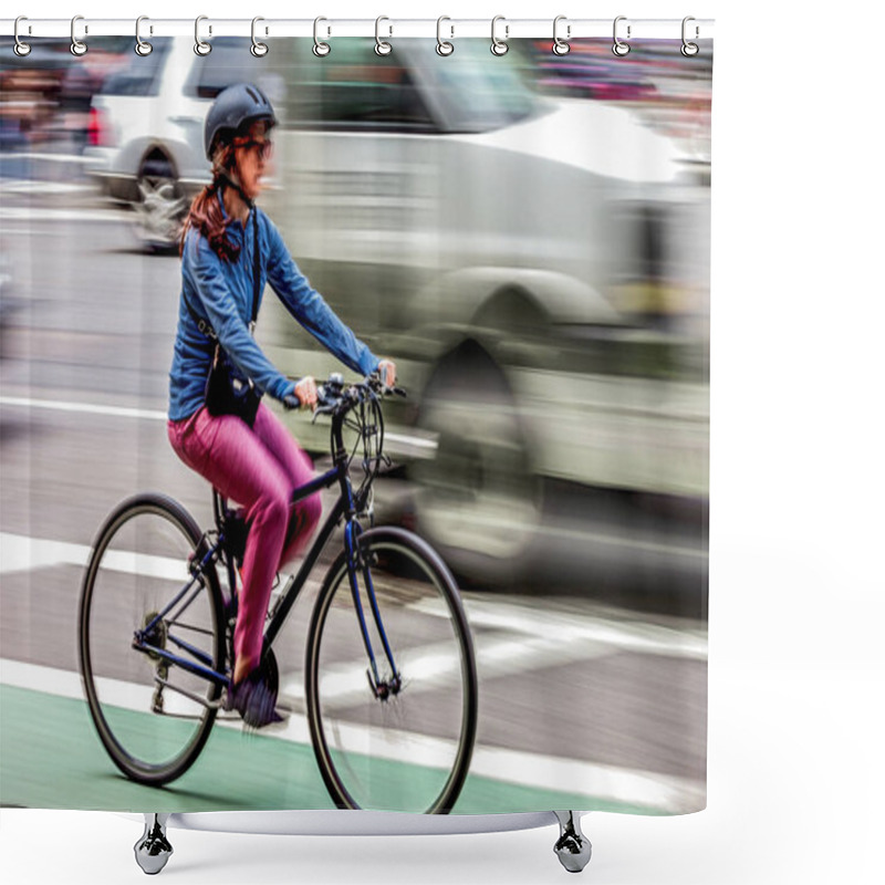 Personality  Active People On Bicycle  In The City Roadway  In Motion Blur Shower Curtains