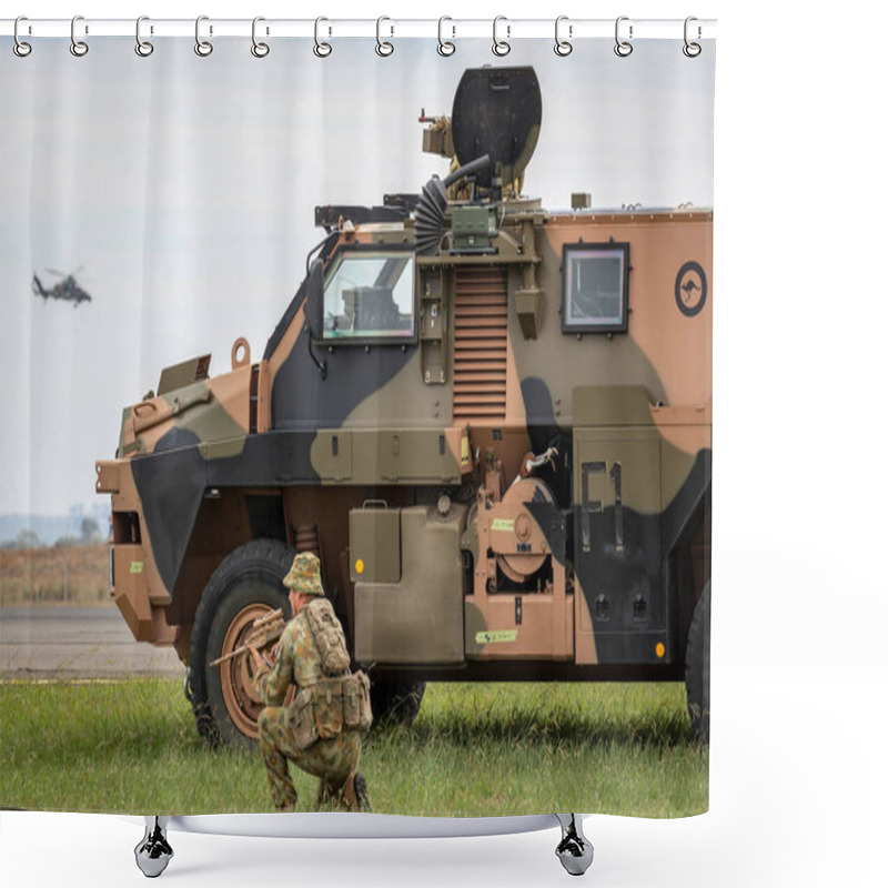 Personality  Avalon, Australia - February 27, 2015: Australian Army Soldier With A Bushmaster Armored Personnel Carrier (APC) And An Army Eurocopter Tiger Helicopter. Shower Curtains