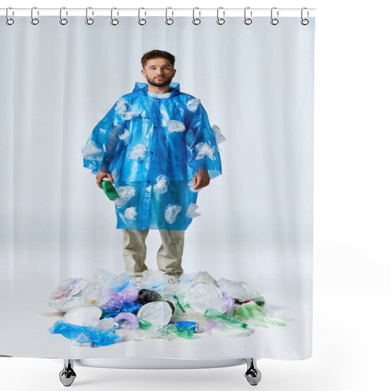 Personality  A Man Stands On A Pile Of Plastic, Wearing A Plastic Poncho Adorned With Plastic Bags. Shower Curtains