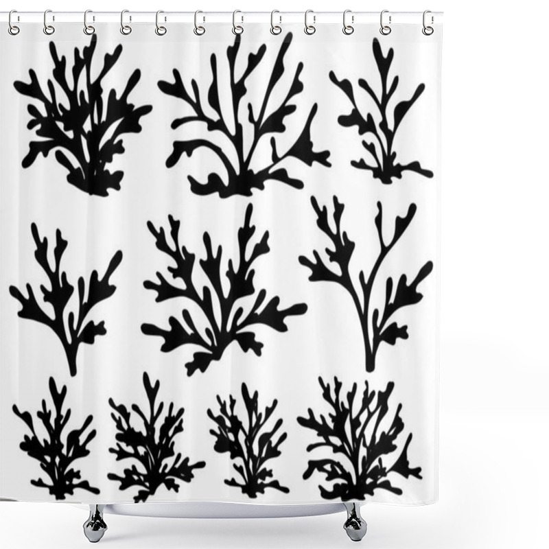 Personality  Set Of Black Coral Seaweeds Silhouettes Flat Vector Illustration Isolated On White Background. Shower Curtains