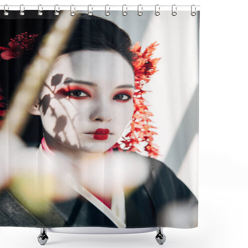 Personality  Selective Focus Of Sakura Branches And Beautiful Geisha With Red And White Makeup In Sunlight Shower Curtains