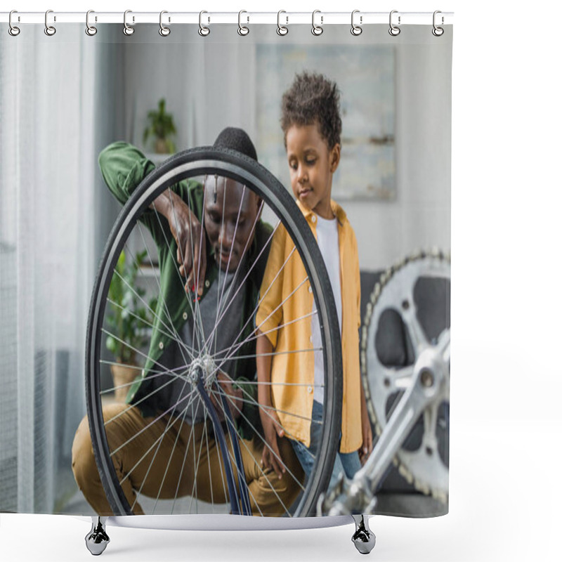 Personality  Afro Father And Son Repairing Bicycle Shower Curtains