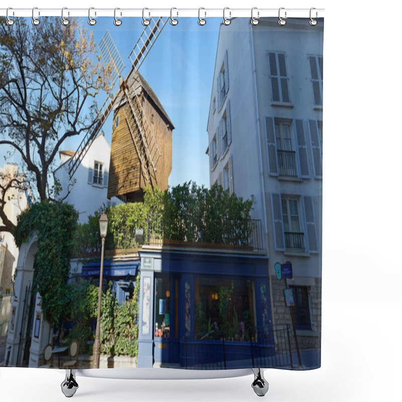 Personality  Paris, France-October 09, 2022 : The Traditional French Restaurant Le Moulin De La Galette Located In Montmartre In 18 District Of Paris, France. Shower Curtains