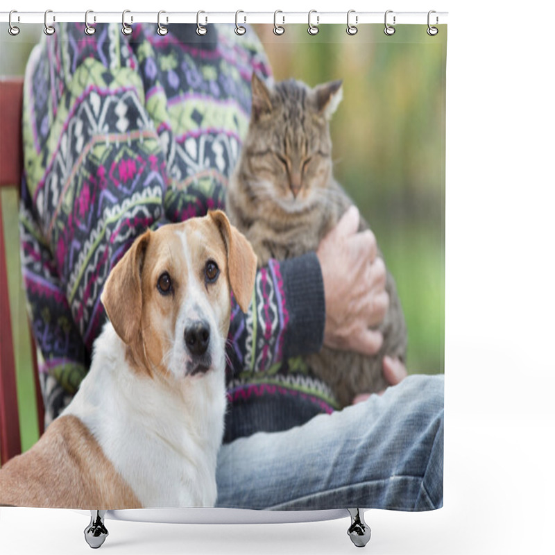 Personality  Senior Man With Pets Shower Curtains