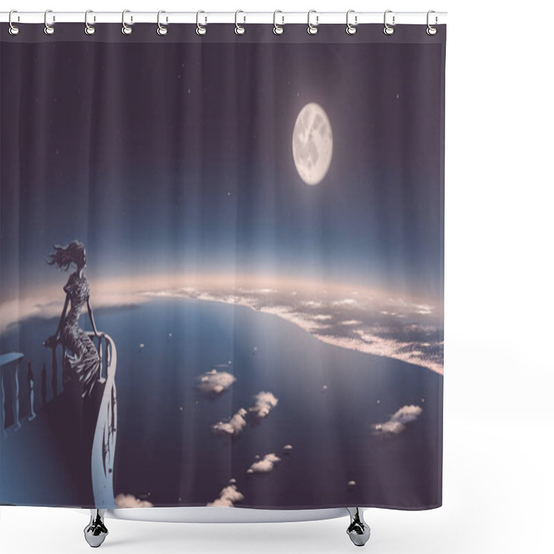 Personality  Vector Illustration Of The Ancient Goddess Relaxing On The Balcony And She Is Looking Down From Heaven To The Modern Civilization With A Beautiful Full Moon In The Background Shower Curtains