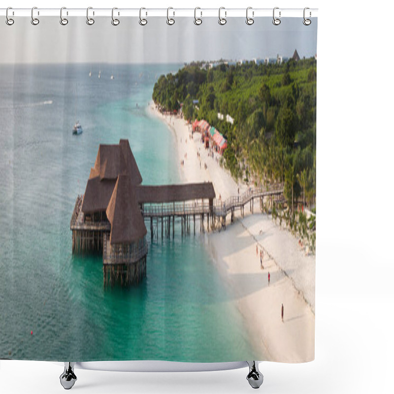 Personality  Panorama Of Coastline At Sunny Day, Drone View Of Sandy Beach, Turquoise Ocean,palm Tree, Luxury Resort And People, Zanzibar,Tanzania Shower Curtains