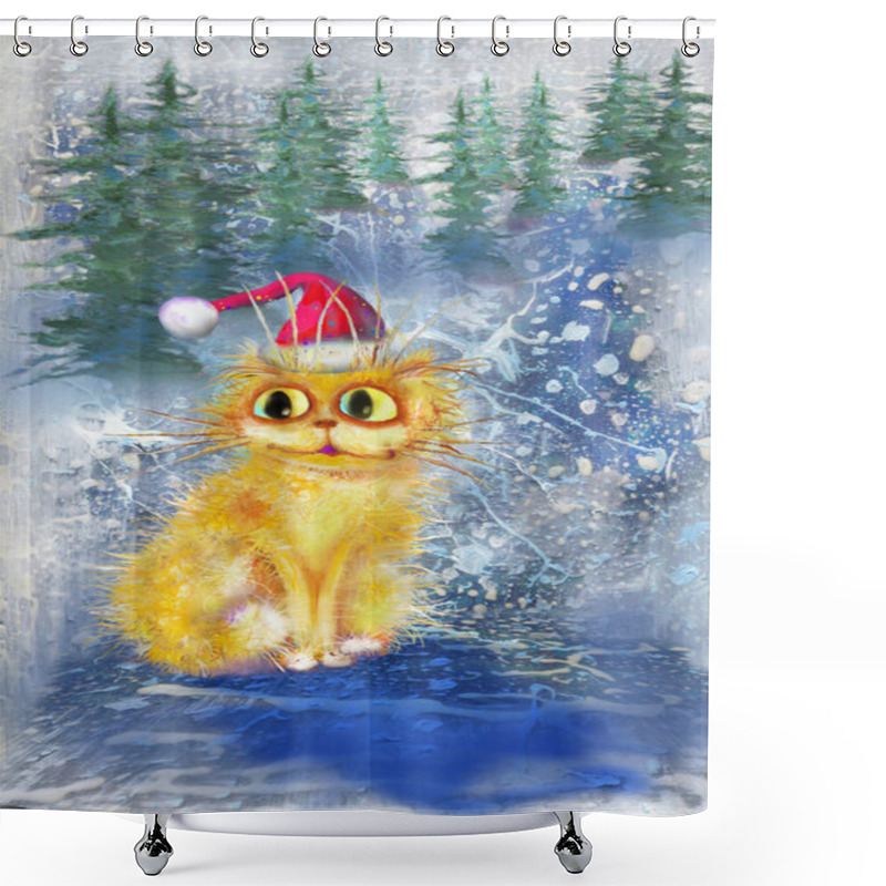 Personality  Yellow Cat At Winter Landscape Background Shower Curtains