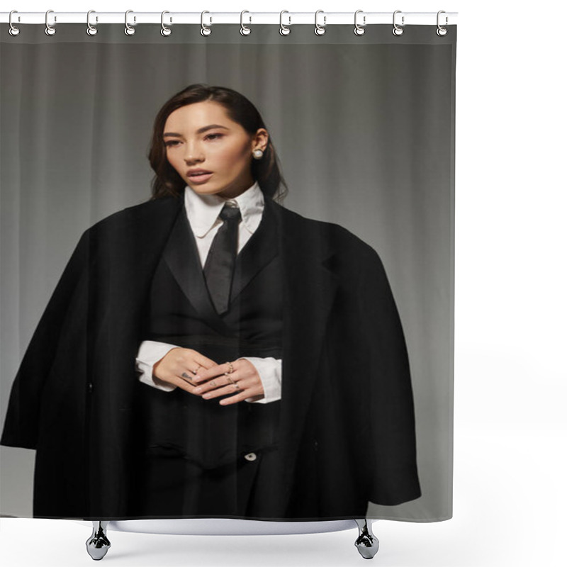 Personality  A Confident Young Woman With Long Brown Hair Poses Stylishly Against A Grey Backdrop. Shower Curtains