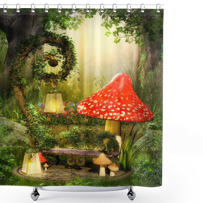 Personality  Enchanting Fairy Lounge Bench In A Deep Magical Forest Illuminated By Lanterns, 3d Render. Shower Curtains