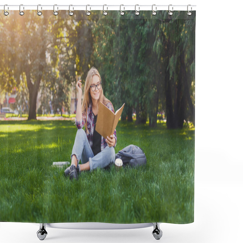 Personality  Young Woman Reading Book In Park Shower Curtains