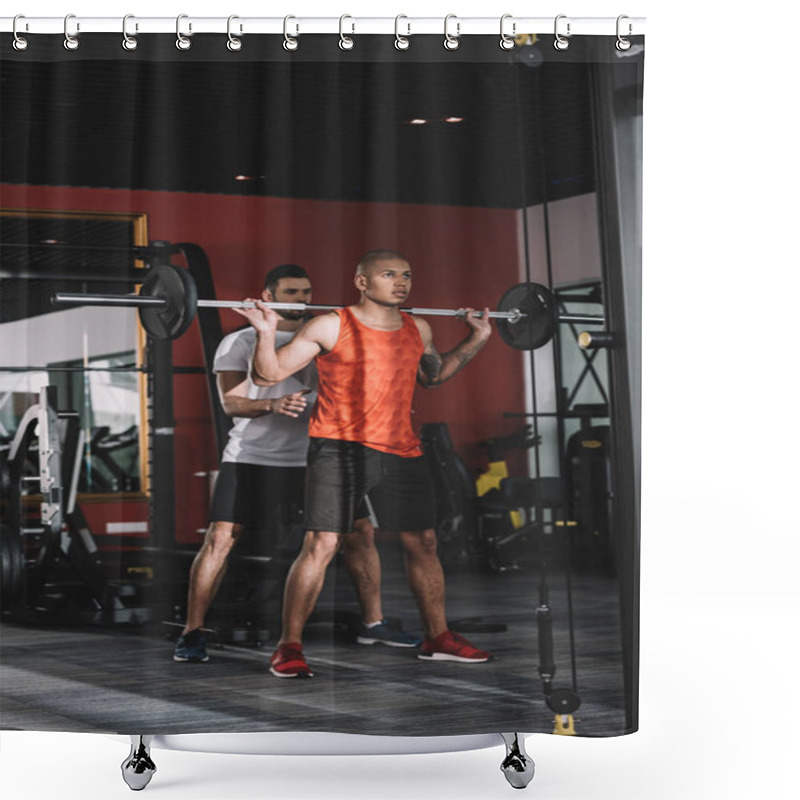 Personality  Attentive Trainer Controlling African American Sportsman Lifting Barbell Shower Curtains