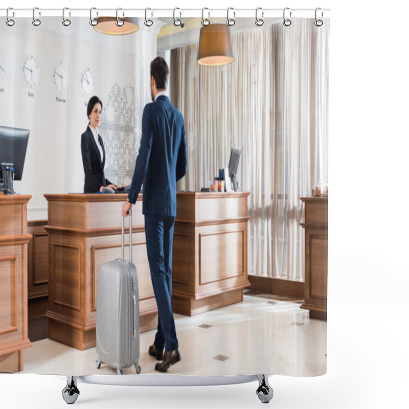 Personality  Attractive Receptionist Looking At Businessman With Luggage  Shower Curtains