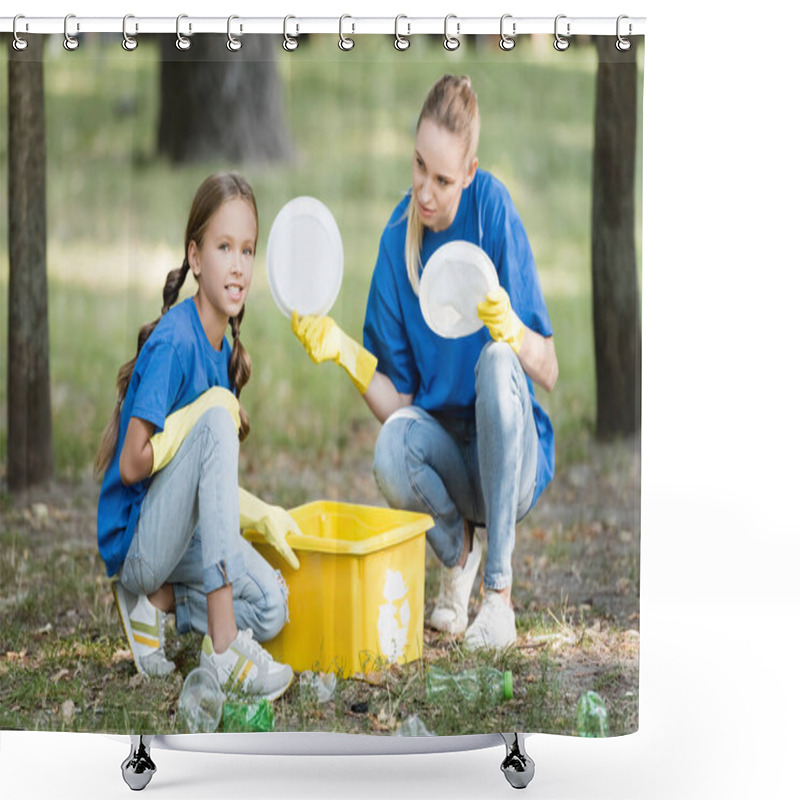 Personality  Daughter And Mother Collecting Plastic Rubbish In Container With Recycling Symbol, Ecology Concept Shower Curtains