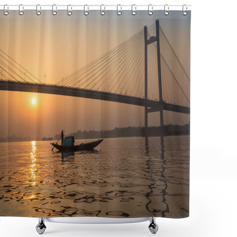 Personality  Silhouette Sunset Of Vidyasagar Bridge With A Fishing Boat On River Hooghly. Shower Curtains