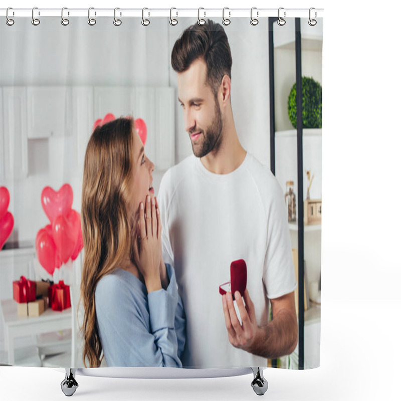 Personality  Selective Focus Of Man Doing Proposal At Valentines Day To Girlfriend Shower Curtains