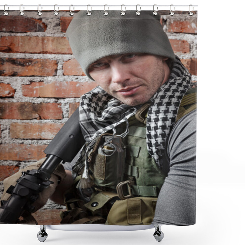 Personality  Portrait Of Soldier With Rifle Looking At Camera Shower Curtains