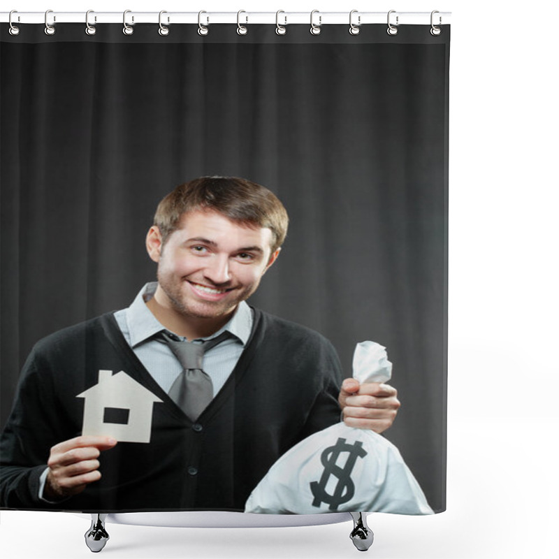 Personality  Businessman Holding Money Bag And Paper House  Shower Curtains