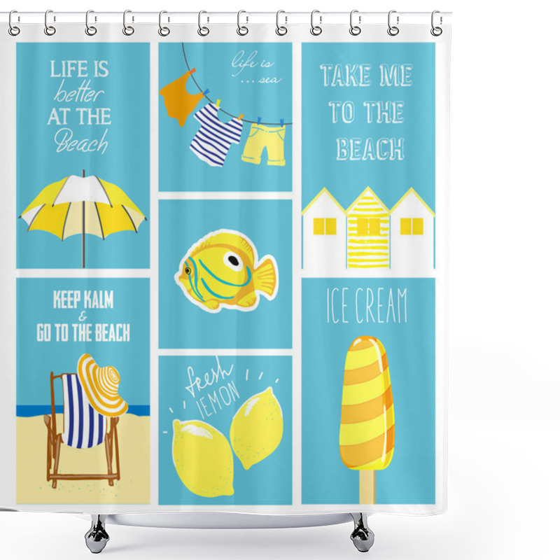 Personality  Hand Drawn Summer Cards Collection. Vector Illustrations For Graphic And Web Design, For Summer Vacation, Beach Party, Greeting Cards, Enjoying The Sun And Sea Shower Curtains