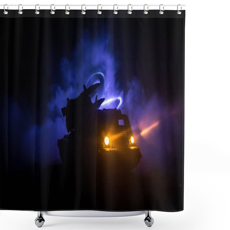 Personality  War Concept. Battle Scene With Rocket Launcher Aimed At Gloomy Sky At Night. Rocket Vehicle Ready To Attack On Cloudy War Background. Selective Focus Shower Curtains