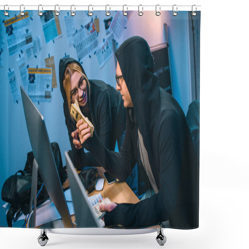 Personality  Happy Couple Of Hackers With Stack Of Cash At Workplace Shower Curtains