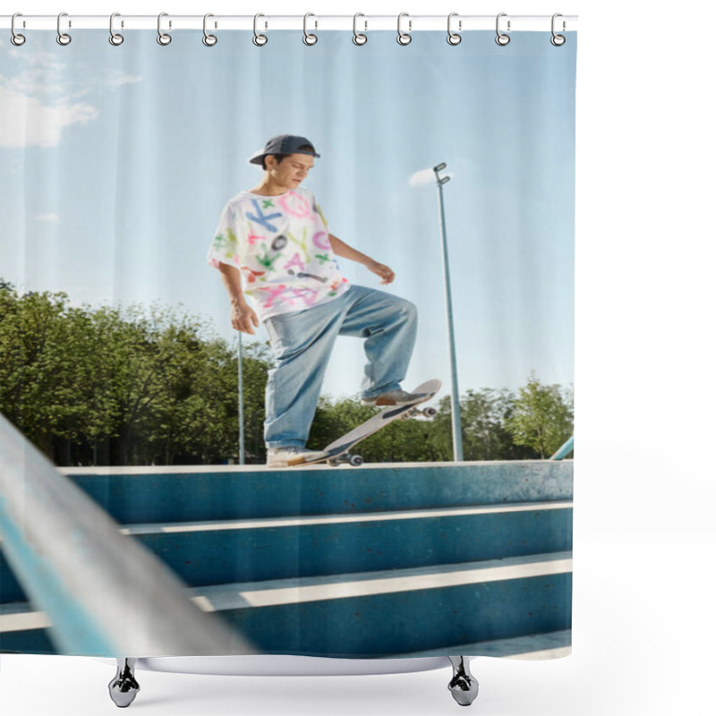 Personality  A Young Skater Boy Confidently Rides His Skateboard Down The Side Of A Metal Rail In An Urban Skate Park On A Sunny Summer Day. Shower Curtains