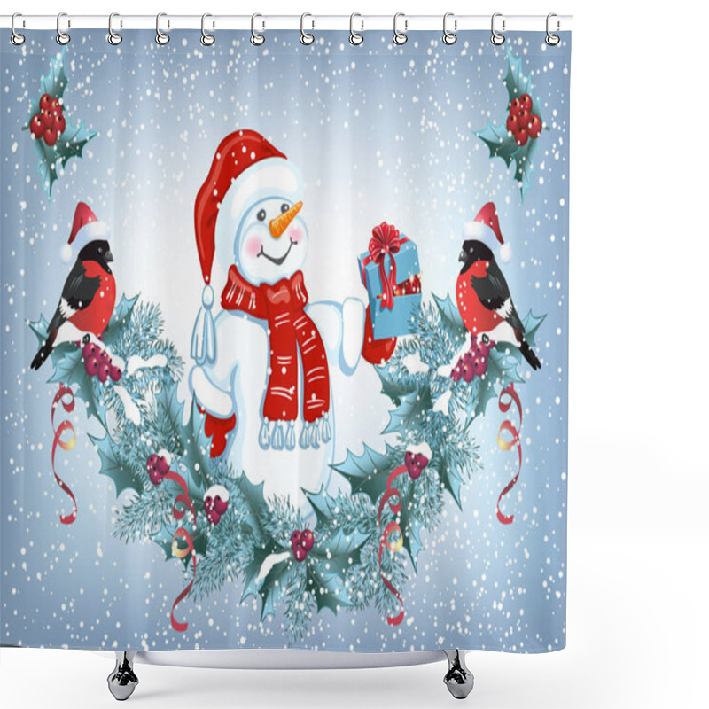 Personality  Christmas Card With Snowman With Gift Box And Decorative Garland Shower Curtains