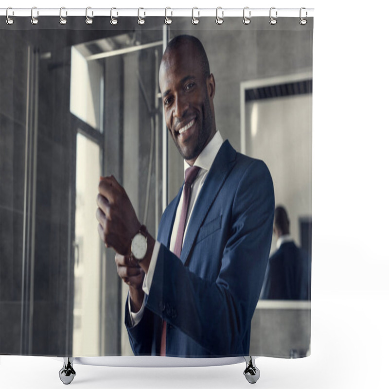 Personality  Happy Young Businessman Putting On His Wristwatch At Bathroom Shower Curtains