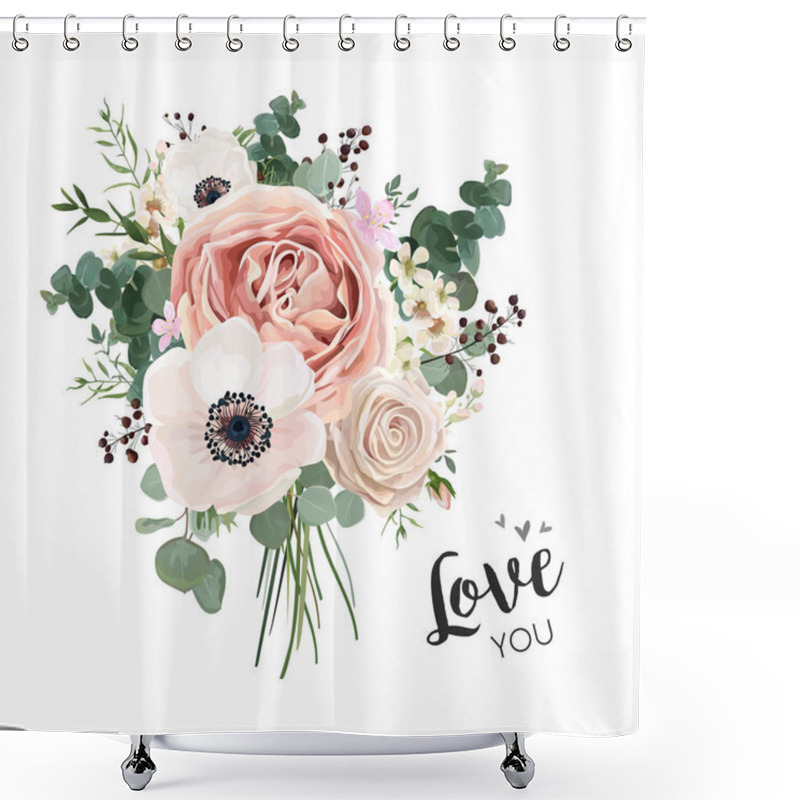 Personality  Flower Bouquet Floral Bunch, Vector Boho Design Object, Element. Peach, Creamy Pale Pink Anemone Poppy Rose Flowers, Berry Eucalyptus Herb Mix Rustic Floral Elegant Wedding Card. All Elements Editable Shower Curtains