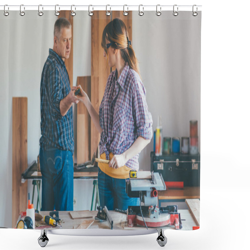 Personality  Woman Working At Carpenter Shop With Teacher Shower Curtains