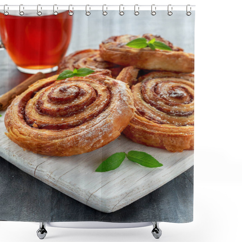 Personality  Freshly Baked Traditional Sweet Cinnamon Rolls, Swirl On White Wooden Board With Hot Black Tea And Mint Shower Curtains