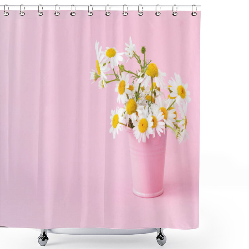 Personality  Floral Arrangement With White Daisies Standing In A Pink Bucket On A Light Pink Background. Copy Space. Shower Curtains