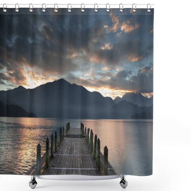 Personality  Sunrise Over Mountain And Looking Over A Pier Shower Curtains