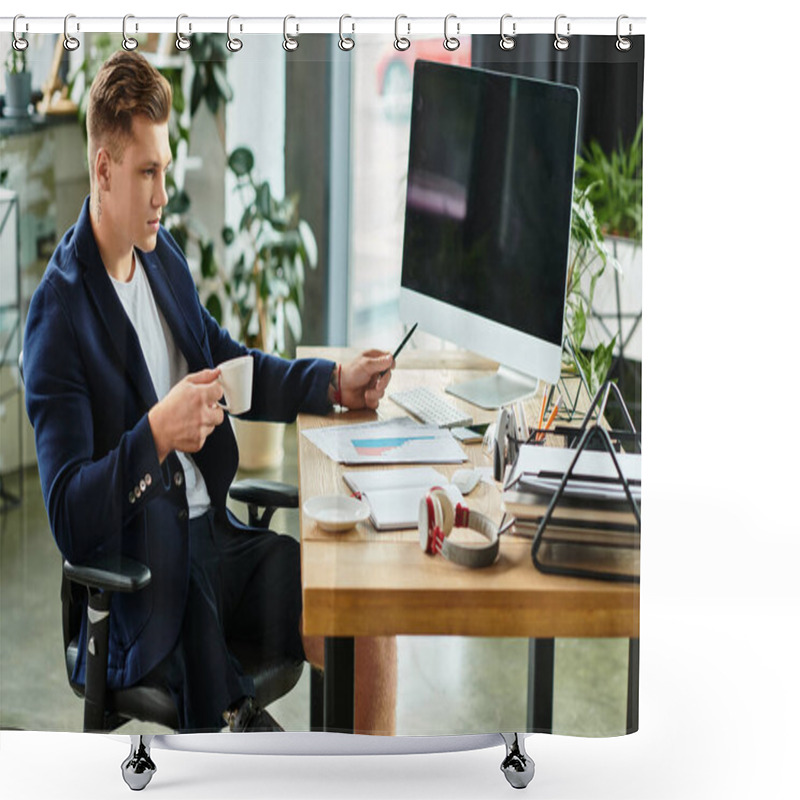 Personality  A Determined Businessman With An Artificial Limb Works Diligently At His Desk, Showcasing Workplace Inclusion. Shower Curtains