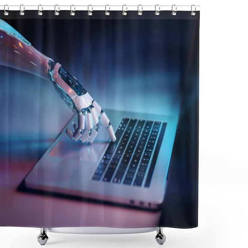 Personality  Robotic Hand Pressing A Keyboard On A Laptop 3D Rendering Shower Curtains