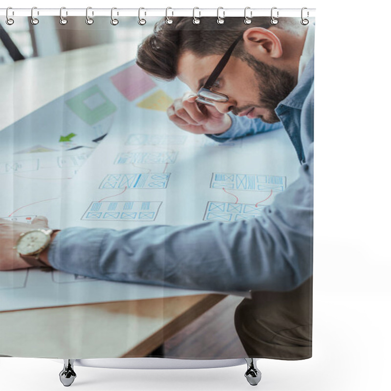 Personality  Selective Focus Of UI Designer In Glasses Looking At Wove Papers Shower Curtains