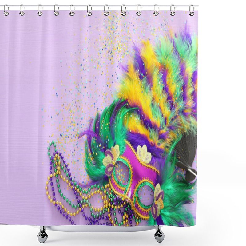 Personality  Holidays Image Of Mardi Gras Masquarade, Venetian Mask And Fan Over Purple Background. View From Above Shower Curtains