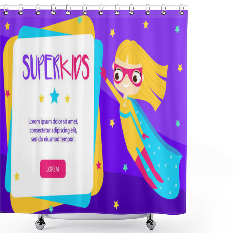 Personality  Super Kid Banner. Girl Wearing Superhero Costume Fly In Sky. Cartoon Style Design For Kids Resources Shower Curtains