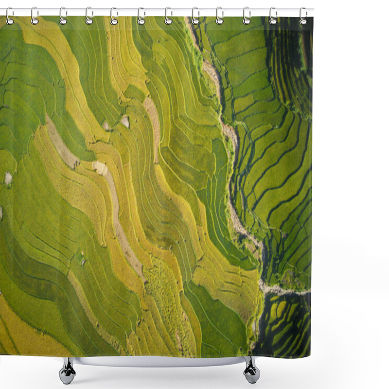 Personality  Aerial Image Of Beautiful Ripen Rice Fields In Mu Cang Chai, Vietnam In Harvesting Time. Shower Curtains