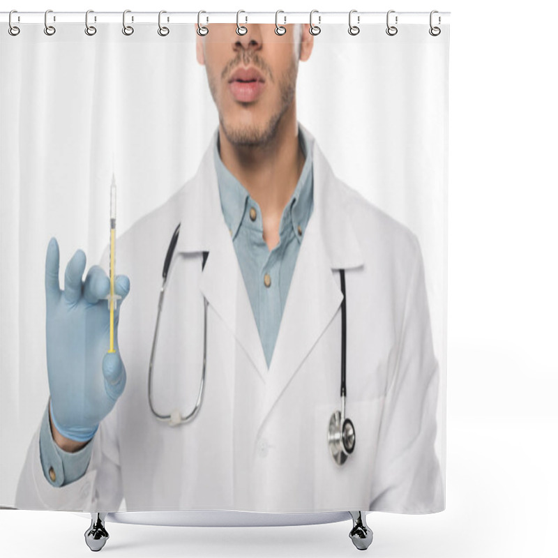 Personality  Cropped View Of Doctor Holding Syringe With Vaccine Isolated On White Shower Curtains