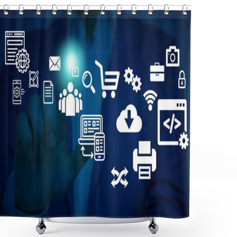 Personality  Male Human Presenting A Presentation Using The Latest Sophisticated Devices. Man Wear Formal Working Suit Introducing How Smart Gadget Works. Photo Of Modern Life. Shower Curtains